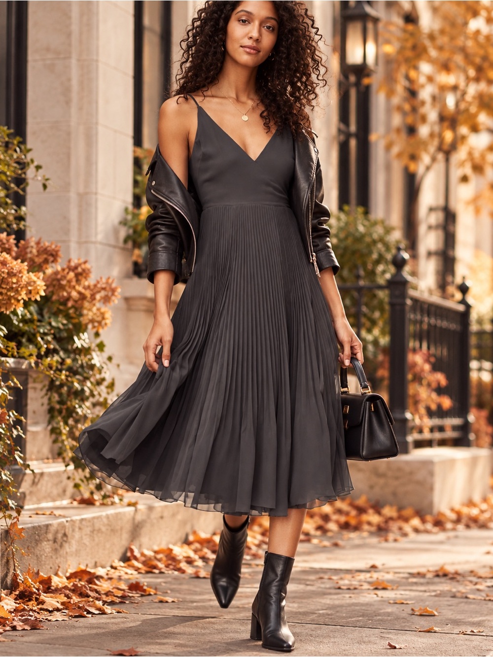 Wilfred Charcoal V-Neck Pleated Midi Dress